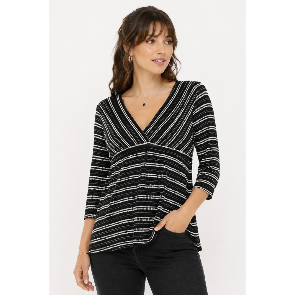 Black White Striped Empire Waist Knit Top Large 3/4 Sleeve Preppy Mod Retro Chic